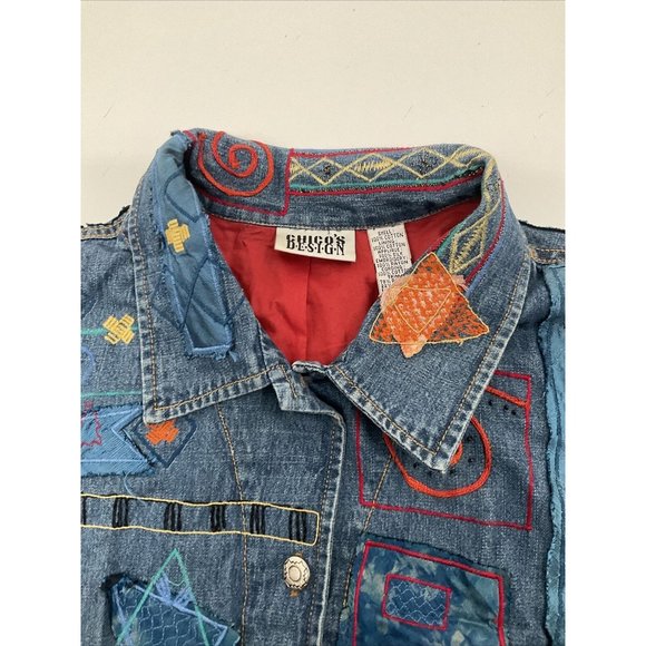 Vintage Chico's Denim Jacket Womens 2 Silk Patxhwork Designs Womens L/12 - Picture 11 of 14